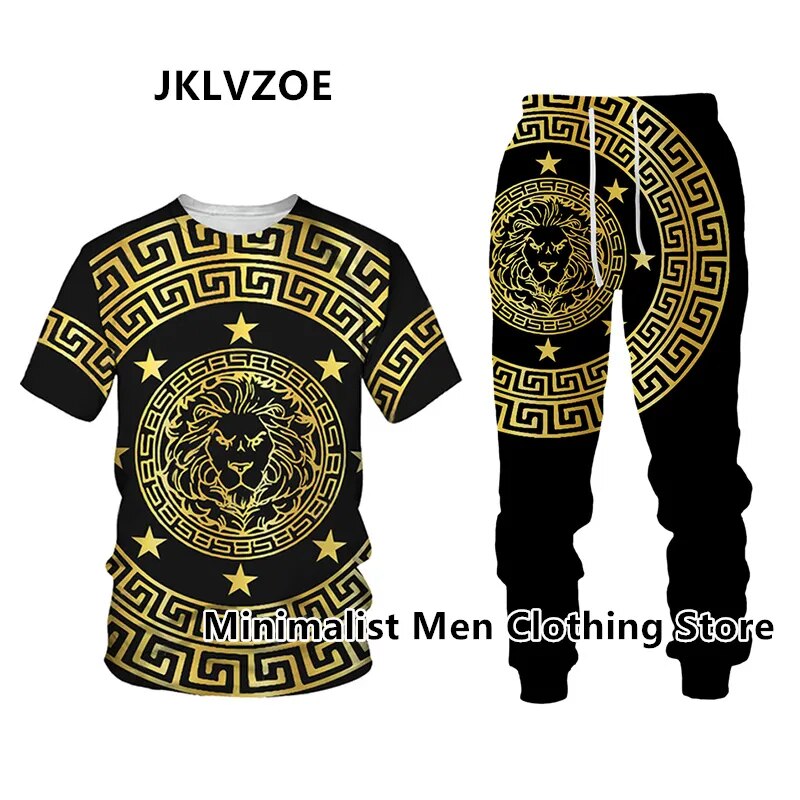 Men's Tracksuit Short Sleeve T Shirt+Long Pants The Lion King 3D Print 2 Piece Set Jogger Sportswear Casual Street Clothes